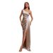 European And American New Women's Fashion One-Shoulder Ruched Waist Split Sexy Dress Party Evening Gown_ecoleips.com