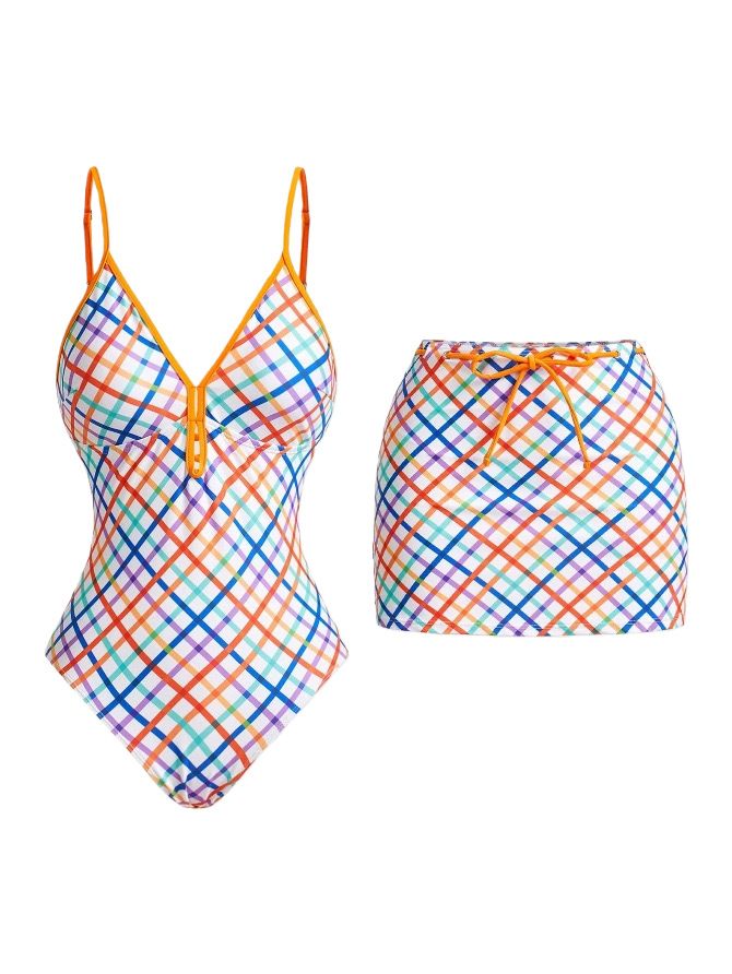 Trendy Checkered One-Piece Swimsuit – Modest Flounce Skirt Bikini For Women (Summer Edition)_ecoleips.com