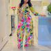 Women's Fashion Print Two-piece Suit Lapel Tie Shirt Wide Leg Pants Suit_ecoleips.com