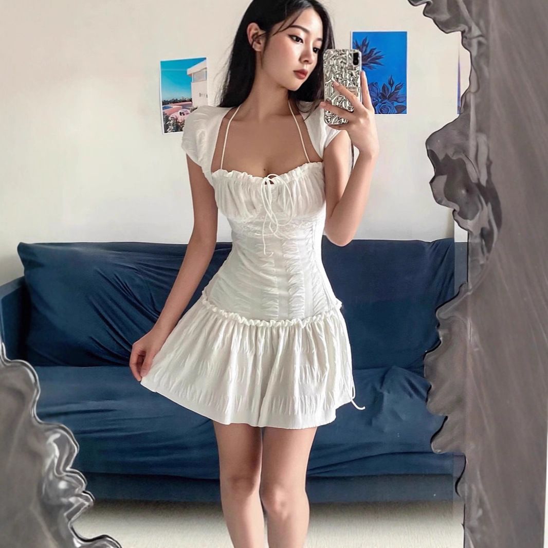 Summer Slim Fit Halter Neck Pleated Dress for Women European American Style Sexy Hot Girl Drawstring Design_ecoleips.com