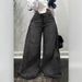 Y2K Retro Wide-Leg Jeans For Women – Distressed Blue Washed Flared Denim Pants With Fringe Hem_ecoleips.com