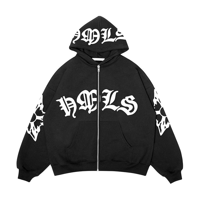Y2k Streetwear Bubble Letter Hoodie – Oversized Zip-Up Sweatshirt With Drop Shoulder (Cobalt Blue, Black, Dark Green, Charcoal)_ecoleips.com