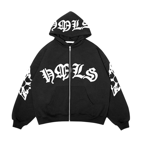Y2k Streetwear Bubble Letter Hoodie – Oversized Zip-Up Sweatshirt With Drop Shoulder (Cobalt Blue, Black, Dark Green, Charcoal)_ecoleips.com
