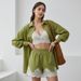 European American Design Green Women's Cotton-linen Suit, Long-sleeve Lace Patchwork Collared Shirt Top And Shorts_ecoleips.com