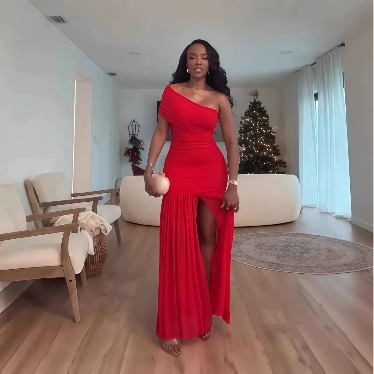 Women's Clothing Spring New Solid Color Sleeveless Oblique Collar Pleated Slim Fit Slit Long Dress_ecoleips.com