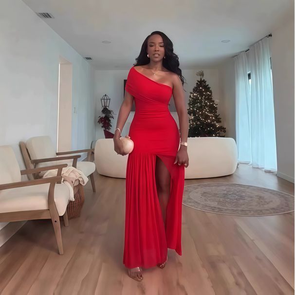 Women's Clothing Spring New Solid Color Sleeveless Oblique Collar Pleated Slim Fit Slit Long Dress_ecoleips.com