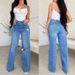 Factory Direct Ladies Jeans Long High Waist Ripped Burr Selling European And American Style Comfortable Wide Leg Pants_ecoleips.com
