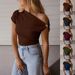 Women's Slim Fit Ribbed T-Shirt Solid Color With Metallic Decoration Short Sleeve American Style_ecoleips.com