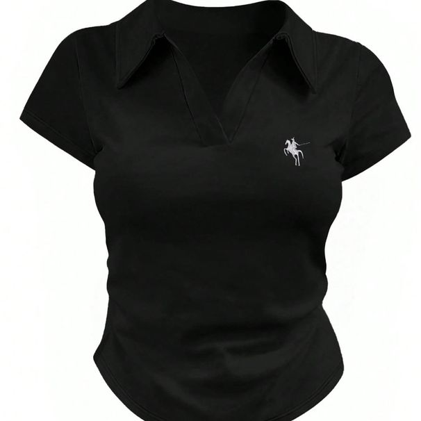 cross-border Korean-style Lapel Polo Shirt, Solid Color, Slim Fit, Short Style, Knight Embroidery, Simple And_ecoleips.com
