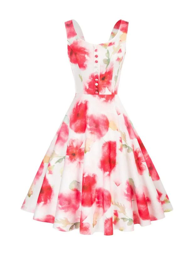 Cross-border Foreign Trade 1950s Retro Cocktail Party Ball Sleeveless Homecoming Summer Printed Button A-line Dress_ecoleips.com