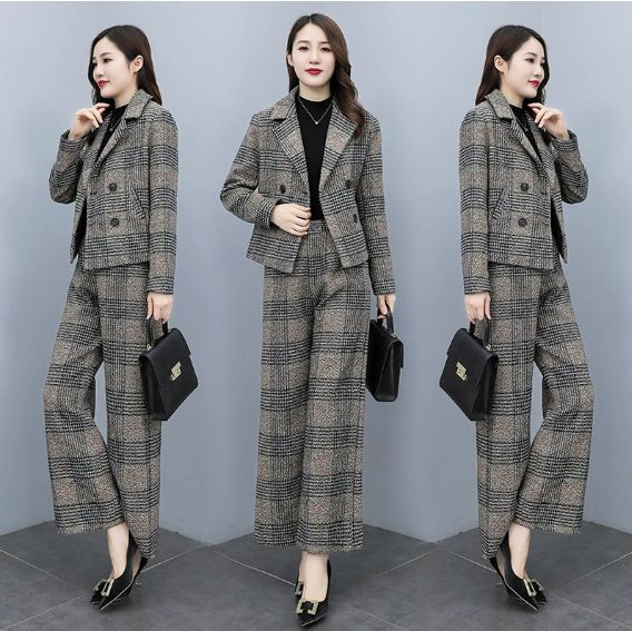 Elegant Women's Two-Piece Suit Set - Wool Blend Blazer With Wide-Leg Pants For Office & Casual Wear_ecoleips.com