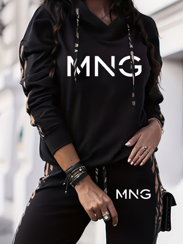 Women's Clothing American Style Autumn Winter Fashion Casual Holiday Hooded Letter Print Two Piece Set Long Sleeved Pants_ecoleips.com