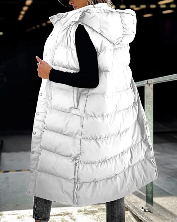 K European And American Solid Color Medium Long Vest Hooded Top, Women's Casual And Fashionable Zipper Single Breasted Jacket_ecoleips.com