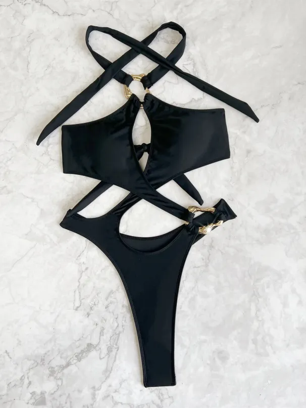 Sexy Black Ring Bikinis One Piece Cross Hollow High Waist Bathing Suits Biquini Back Tie Swimwear Women Beach Monokini Beachwear_ecoleips.com
