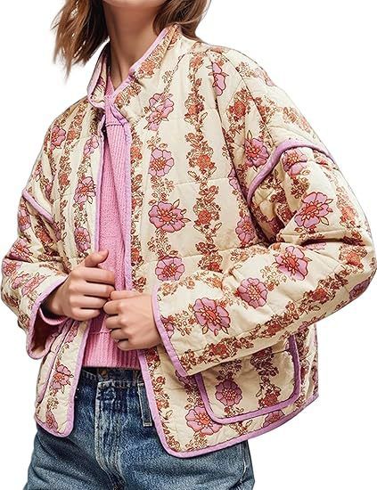 Aria Basics Aria Basics Cross-border Foreign Trade Women's Short Cardigan With Floral Print, Quilted Coat, Lightweight Open-front Cropped Jacket_ecoleips.com