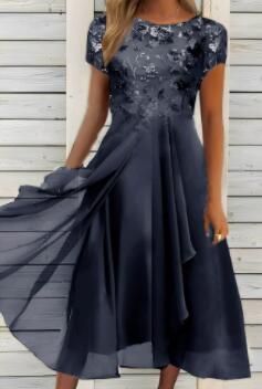 Women’s Clothing Dress Chiffon Splicing Round Neck Sequin Printed Big Swing Skirt Long Skirt Dress_ecoleips.com