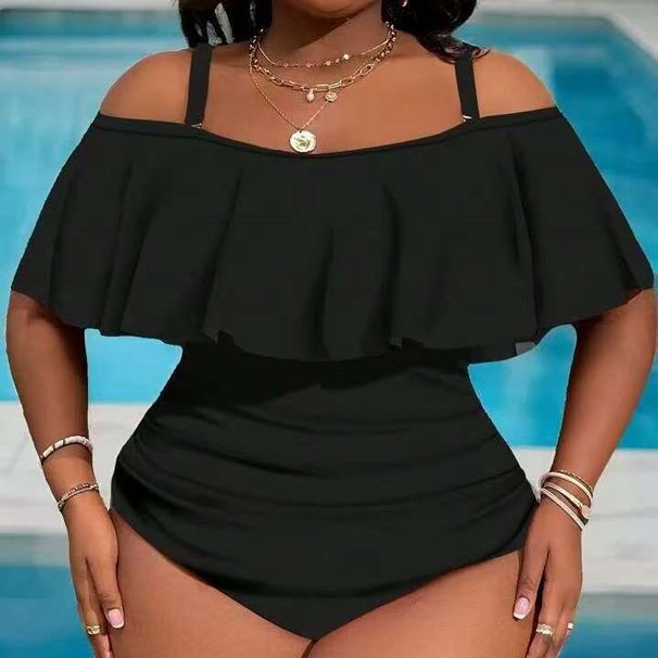 European And American Fashion plus Size Onesie Women's Ruffle Triangular Pleat Slimming Effect Tummy Conceal Swimwear_ecoleips.com