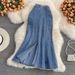 Women's Slim Fit Fishtail Denim Skirt – High Waist Bodycon Midi Skirt With Elastic Waist & Side Slit, Ruffled Hem For Casual & Night Out_ecoleips.com