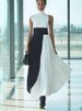 Freeacy High Neck Sleeveless Asymmetric Dress For Women Contrast Color High Waist Pleated Party Dress Ruffled Evening Gowns_ecoleips.com