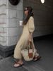 Freeacy Women's Solid Color Cotton And Linen Dress V-neck Puff Sleeves Buttoned Loose Fit Midi Dress Autumn Casual A-line Dress_ecoleips.com