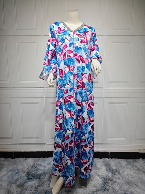 Elegant Embellished Abaya Dress Blue Floral Print Crystal Rhinestones Modest Long Sleeve Maxi Dress for Women S-XXL_ecoleips.com