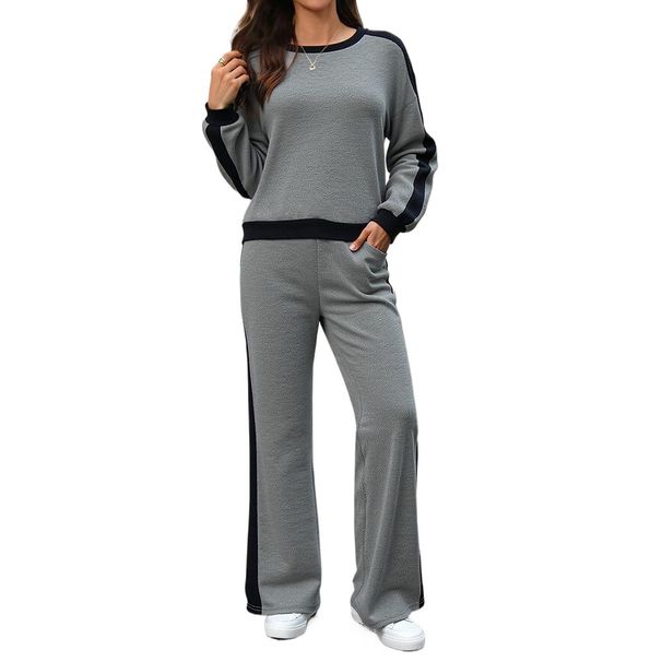 Voya Women's Casual Round Neck Long Sleeved Sweatshirt Wide Leg Pants Two-piece Set Contrasting Color Top Matching Set Cross-border Popular Item_ecoleips.com