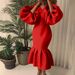 Women's Clothing Large Size Women's Fashion Solid Color V Neck Bubble Long Sleeved Mermaid Skirt Dress_ecoleips.com