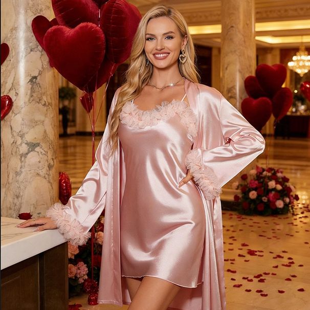Aria Basics New European American Style Large Pajamas Robes, Simple Lace Splicing Camisole Nightdress And Outer Robe Home Wear Set_ecoleips.com