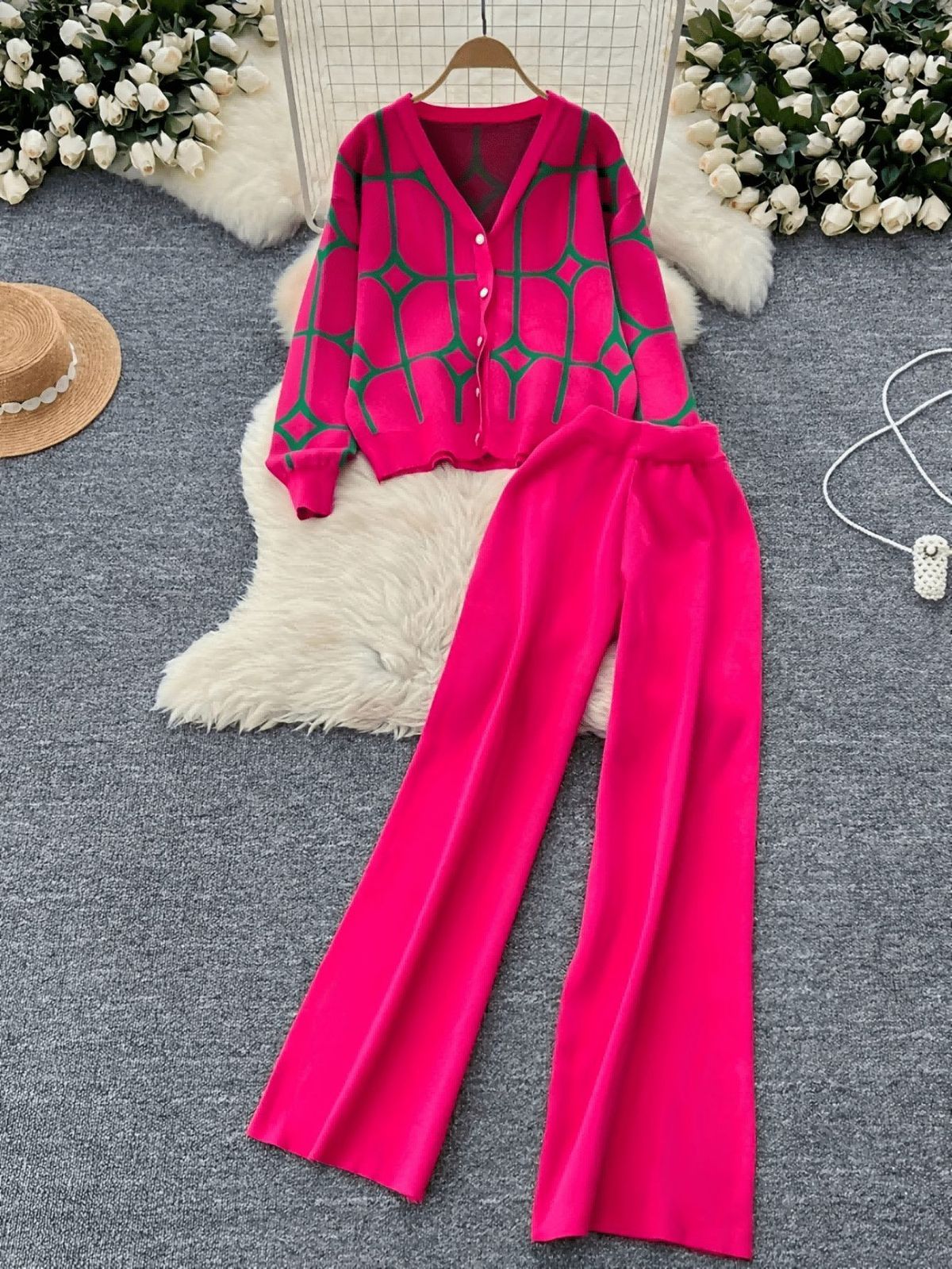 Women's Clothing Elegant Jacquard V-Neck Knit Cardigan & Pants Set Geometric Print, Long Sleeve, Stretch Comfort Fit (Rose Red/Black, S-XL)_ecoleips.com