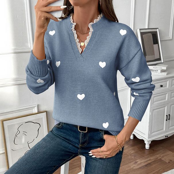 Women's Heart Shaped Round Neck Pullover Knit Sweater V Neck Patchwork Lace Design Casual Acrylic Polyester For Autumn Winter Valentine's Day_ecoleips.com