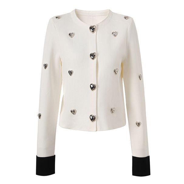 Women's Clothing high quality super heavy metal heart buckle decorated round neck knitted cardigan new spring and autumn tops_ecoleips.com