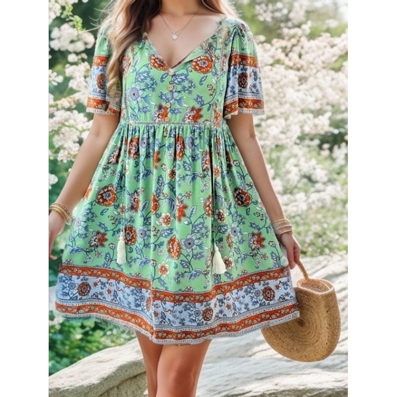 Women's Casual Vacation Dress Short Sleeved Printed Spring Summer Clothing_ecoleips.com