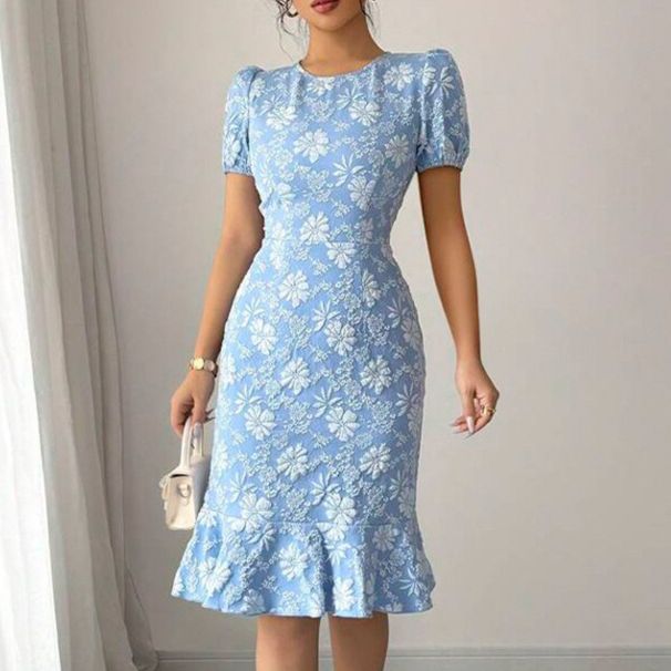 Summer Women's Clothing Round Neck Short Sleeve Dress Slim Waist Embroidered Ruffle Casual American Style Thin Dress_ecoleips.com