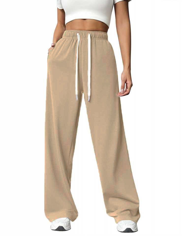 Women's Loose Fit Straight Leg Wide Leg Pants, High Waist Casual Joggers With Pockets, Soft Stretch Polyester Lounge Pants For Everyday Wear_ecoleips.com