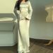 Women's Clothing Solid Color Round Neck Elegant Solid Color Round Neck Long Sleeve Belted Wrap Dress For Women Flowy Lazy Chic High Waist Maxi Dress_ecoleips.com