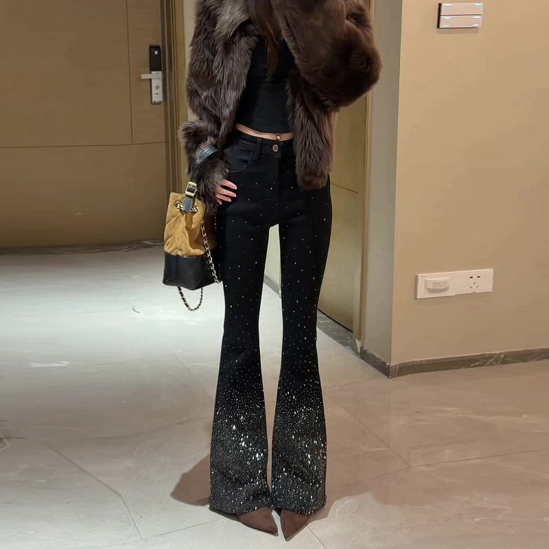 Retro Blue Flared Jeans For Women Heavy Duty Rhinestone Embellished Slim Fit And Flattering Spring New Style_ecoleips.com