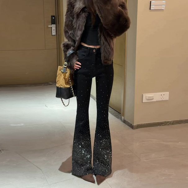 Retro Blue Flared Jeans For Women Heavy Duty Rhinestone Embellished Slim Fit And Flattering Spring New Style_ecoleips.com