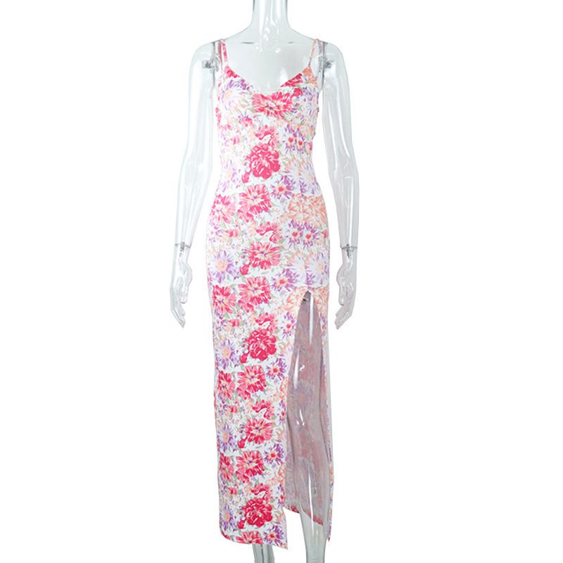 Women's Clothing Summer Digital Print V Neck Sling Midi Slit Dress_ecoleips.com