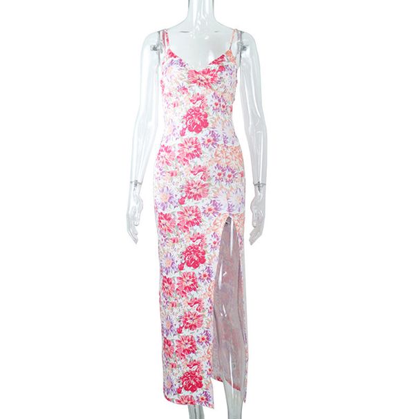 Women's Clothing Summer Digital Print V Neck Sling Midi Slit Dress_ecoleips.com