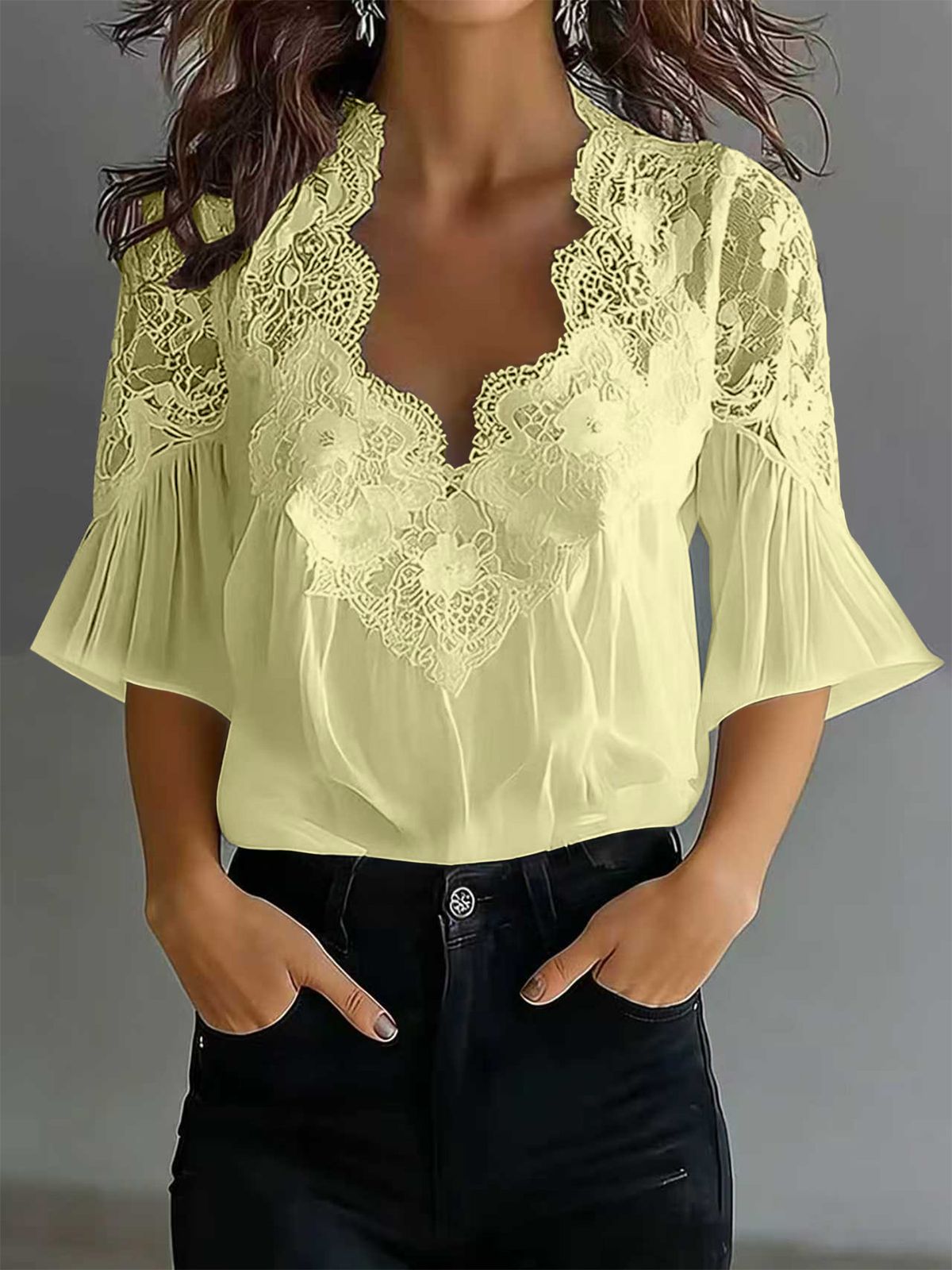 Women's Lace Patchwork Puff Sleeve Pleated Short Sleeved Shirt American Style_ecoleips.com
