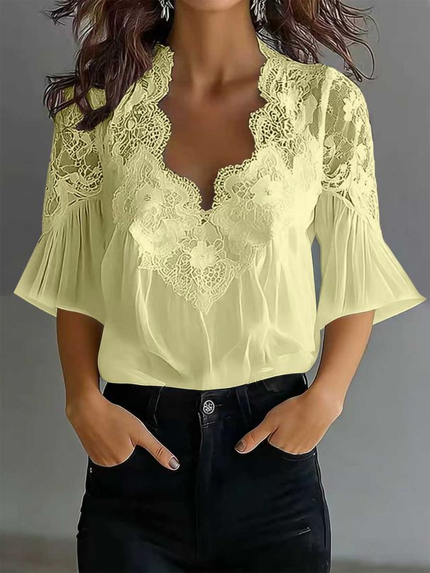 Women's Lace Patchwork Puff Sleeve Pleated Short Sleeved Shirt American Style_ecoleips.com