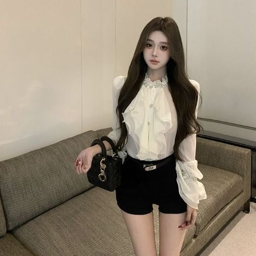 Heavy-duty Rhinestone-embellished Ruffled Long-sleeve Women's Blouse, Autumn Waist-cinching Elegant Chiffon Shirt,_ecoleips.com