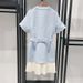 Women's Clothing Early Spring Fashion Sky Blue Tweed Waist Patchwork Pleated Hem Round Neck Dress 24941_ecoleips.com