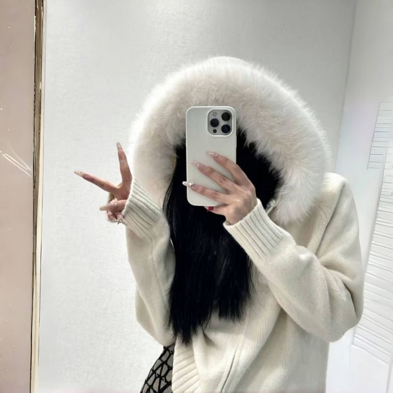 Women's Knit Cardigan With Hood & Faux Fur Trim, Oversized Long Sleeve Zip-Up Sweater, Cozy Winter Loungewear_ecoleips.com