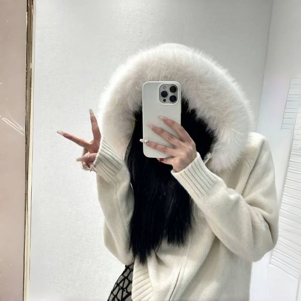 Women's Knit Cardigan With Hood & Faux Fur Trim, Oversized Long Sleeve Zip-Up Sweater, Cozy Winter Loungewear_ecoleips.com