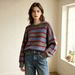European American Retro Color Block Striped Loose Knit Sweater Women's Soft Skin Friendly Warm Drop Shoulder Oversized Pullover_ecoleips.com