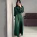 Elegant Wrap Waist Flowy Dress With Puff Sleeves - Long Sleeve Solid Color Midi Dress For Women, Autumn Casual Office Wear_ecoleips.com