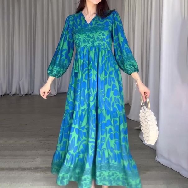 2024 European And American Foreign Trade Women's Clothing Cross-border Autumn New V-neck Lantern Sleeve Printed_ecoleips.com