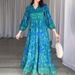 Vintage Floral Print Dress For Women - Elegant V-Neck, Lantern Sleeves, High Waist, Long Flowy Skirt (Peacock Green/Red/Black)_ecoleips.com