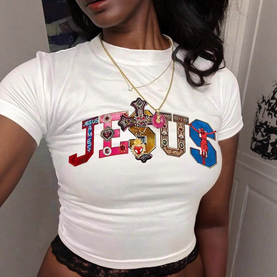 Hot Sale Cross-Border European American Sweet And Spicy Tight-Fitting Letter Print Summer Slim-Fit Crop Top Wholesale_ecoleips.com